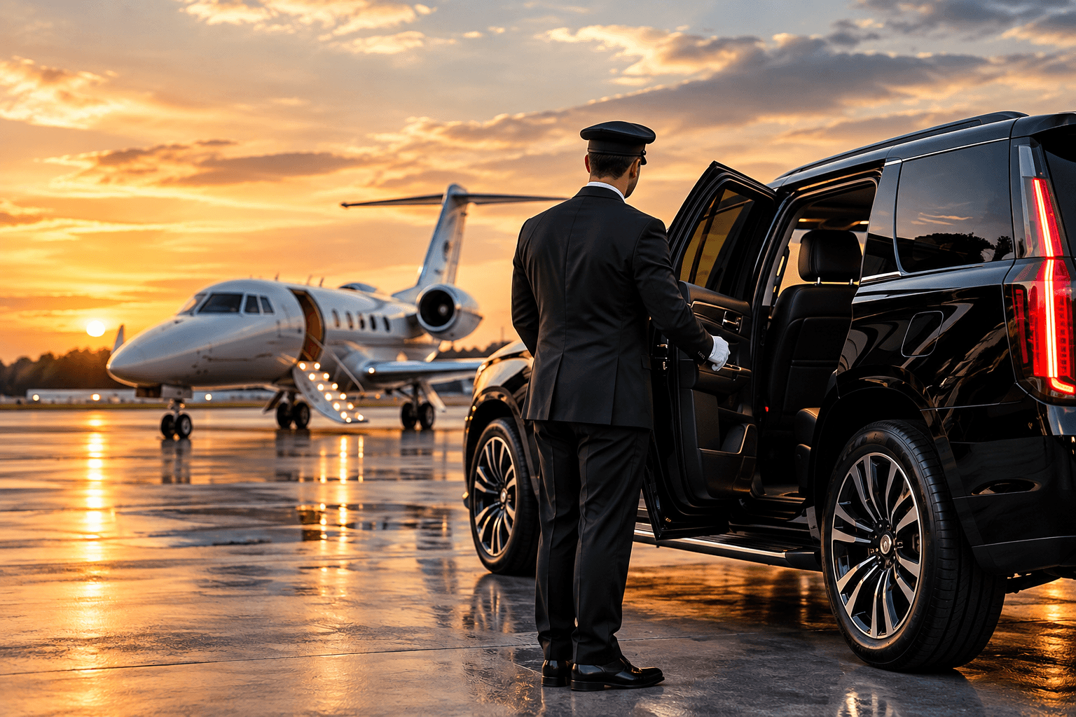 AK Limo chauffeur opening a luxury SUV at the airport