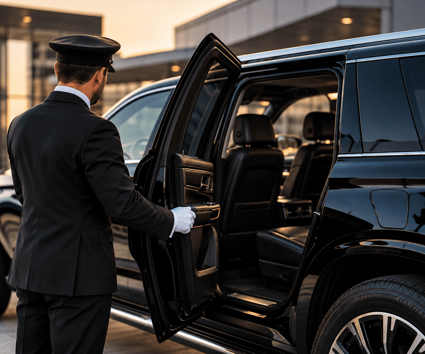 AK Limo professional chauffeur opening a luxury vehicle door